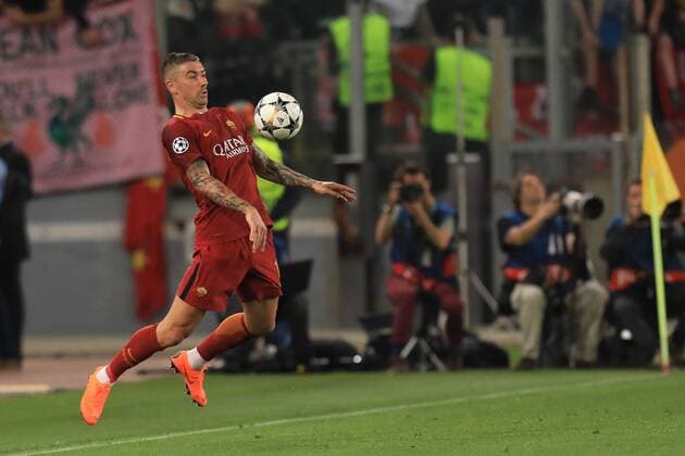 2nd May 2018, Stadio Olimpico, Rome, Italy; UEFA Champions League football, semi final, 2nd leg, AS Roma versus Liverpool; Aleksandar Kolarov of Roma controls the ball on his chest  ActionPlus12018963