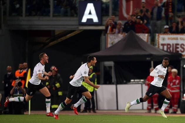 2nd May 2018, Stadio Olimpico, Rome, Italy; UEFA Champions League football, semi final, 2nd leg, AS Roma versus Liverpool; Georginio Wijnaldum of Liverpool celebrates after scoring a goal in the 25th minute for 1-2  ActionPlus12018979