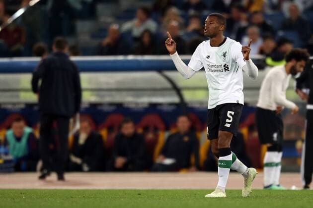 2nd May 2018, Stadio Olimpico, Rome, Italy; UEFA Champions League football, semi final, 2nd leg, AS Roma versus Liverpool; Georginio Wijnaldum of Liverpool celebrates after scoring a goal in the 25th minute for 1-2  ActionPlus12018985