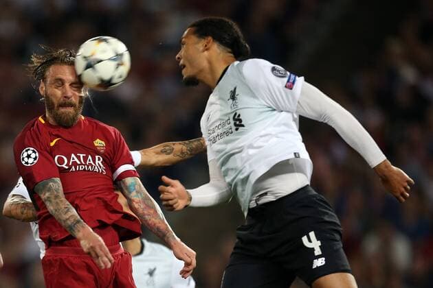 2nd May 2018, Stadio Olimpico, Rome, Italy; UEFA Champions League football, semi final, 2nd leg, AS Roma versus Liverpool; (L-R) Daniele De Rossi of AS Roma and Virgil Van Dijk of Liverpool challenge for the header  ActionPlus12018986