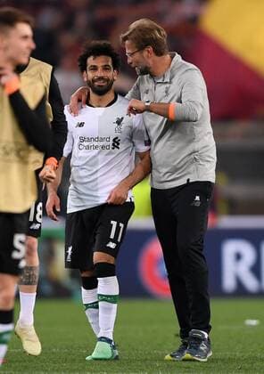 FOOTBALL CHAMPIONS LEAGUE SEASON 2017 2018 SEMI-FINAL RUECKSPIEL AS Roma Liverpool FC 02 05 2018 Mohamed Salah li and coach Juergen Klopp re both FC Liverpool celebrate Rome after the final whistle