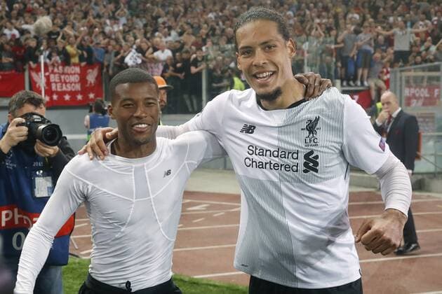 ROME, 02-04-2018 , Stadium Olimpico , season 2017 2018 , Champions League semi final second leg. Liverpool-players Georginio Wijnaldum and Virgil van Dijk celebrating the victory after the game AS Roma - Liverpool 4-2. AS Roma - Liverpool  x2162464x