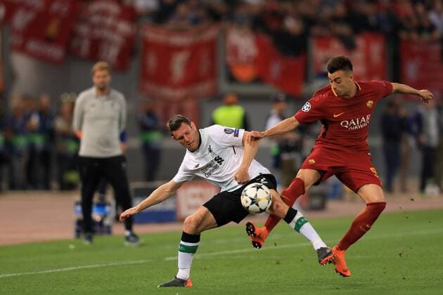 2nd May 2018, Stadio Olimpico, Rome, Italy; UEFA Champions League football, semi final, 2nd leg, AS Roma versus Liverpool; James Milner of Liverpool battles with Stephan El Shaarawy of Roma  ActionPlus12019000