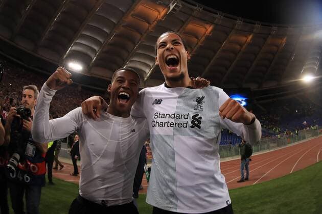 2nd May 2018, Stadio Olimpico, Rome, Italy; UEFA Champions League football, semi final, 2nd leg, AS Roma versus Liverpool; Virgil Van Dijk and Georginio Wijnaldum celebrate as Liverpool goes through to the UEFA Champions League final on a 7-6 aggregate score  ActionPlus12019006