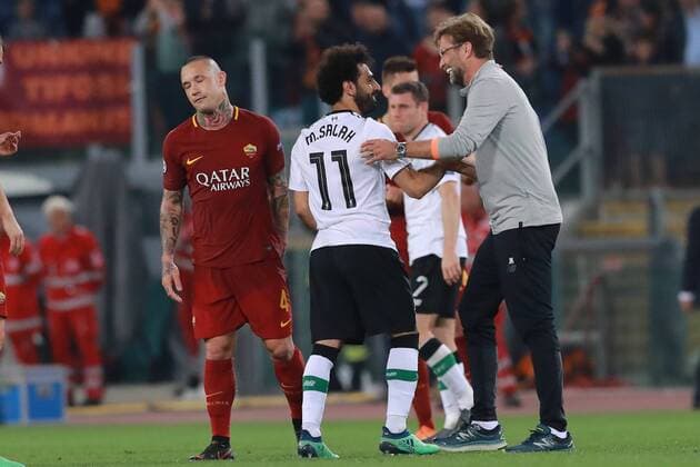 Esultanza di Mohamed Salah Liverpool e Jurgen Klopp Liverpool, celebration Roma 02-05-2018 Stadio Olimpico Football Calcio UEFA Champions League 2017 2018 AS Roma - Liverpool Semifinali di ritorno, Semi finals 2nd leg Foto Cesare Purini Insidefoto cesarexpurini