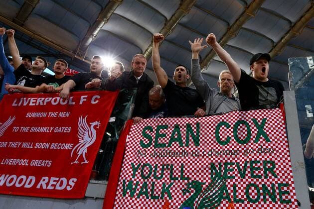 May 2, 2018 - Rome, Italy - Liverpool supporters with a banner in honor of the irish fan Sean Cox at Olimpico Stadium in Rome, Italy on May 02, 2018. A.S. Roma v Liverpool - UEFA Champions League Semi Final Second Leg  - ZUMAn230 20180502_zaa_n230_887 Copyright: xMatteoxCiambellix