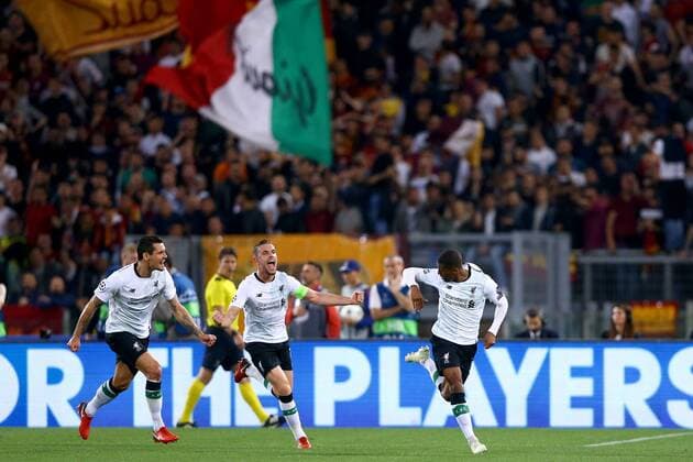 May 2, 2018 - Rome, Italy - Georginio Wijnaldum of Liverpool celebrates with the teammates after the goal scored of 1-2 at Olimpico Stadium in Rome, Italy on May 02, 2018. A.S. Roma v Liverpool - UEFA Champions League Semi Final Second Leg  - ZUMAn230 20180502_zaa_n230_889 Copyright: xMatteoxCiambellix