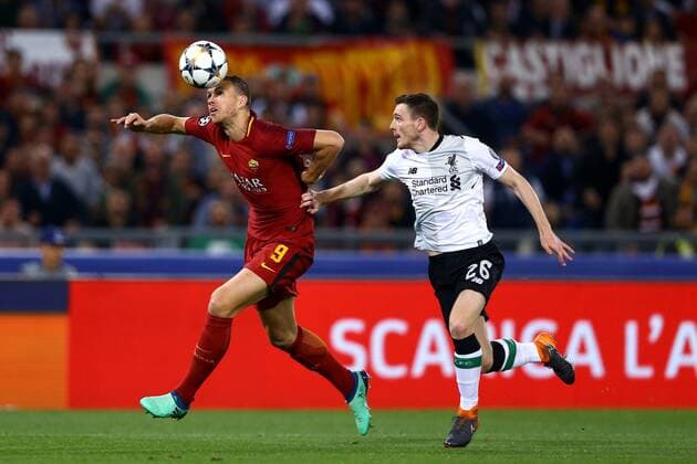 May 2, 2018 - Rome, Italy - Edin Dzeko of Roma and Andy Robertson of Liverpool at Olimpico Stadium in Rome, Italy on May 02, 2018. A.S. Roma v Liverpool - UEFA Champions League Semi Final Second Leg  - ZUMAn230 20180502_zaa_n230_899 Copyright: xMatteoxCiambellix