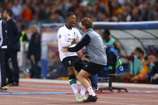 May 2, 2018 - Rome, Italy - Georginio Wijnaldum of Liverpool celebrates with the teammates after the goal scored of 1-2 at Olimpico Stadium in Rome, Italy on May 02, 2018. A.S. Roma v Liverpool - UEFA Champions League Semi Final Second Leg  - ZUMAn230 20180502_zaa_n230_920 Copyright: xMatteoxCiambellix