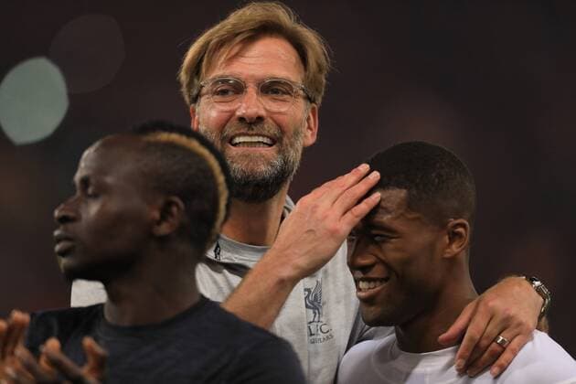 2nd May 2018, Stadio Olimpico, Rome, Italy; UEFA Champions League football, semi final, 2nd leg, AS Roma versus Liverpool; Jurgen Klopp celebrates with Georginio Wijnaldum as Liverpool goes through to the UEFA Champions League final  ActionPlus12019018