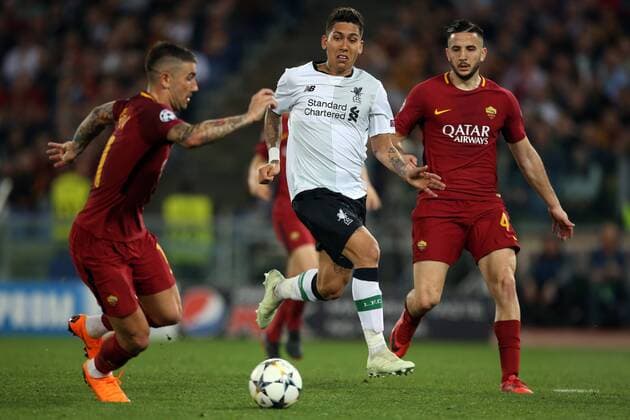 2nd May 2018, Stadio Olimpico, Rome, Italy; UEFA Champions League football, semi final, 2nd leg, AS Roma versus Liverpool; Roberto Firmino (C) of Liverpool is challenged by Alexandar Kolarov (L) and Kostas Manolas (R) of AS Roma  ActionPlus12019045