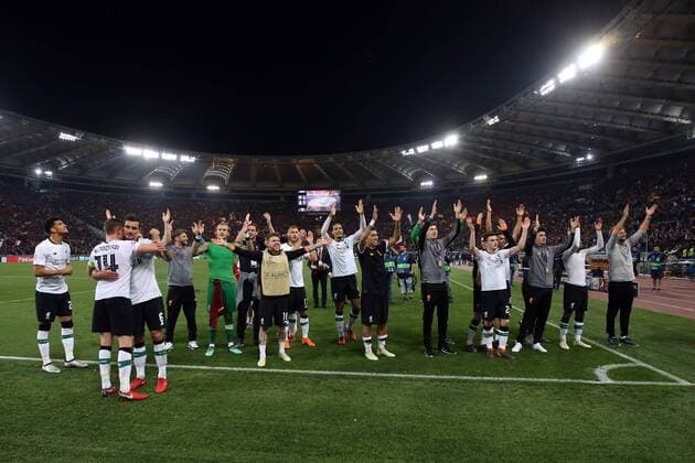 2nd May 2018, Stadio Olimpico, Rome, Italy; UEFA Champions League football, semi final, 2nd leg, AS Roma versus Liverpool; players of Liverpool celebrates after their match against AS Roma to make final  ActionPlus12019047