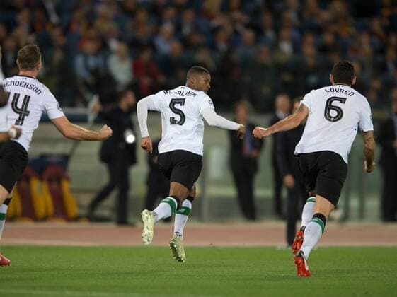 A.S. Roma v Liverpool UEFA Champions League Semi-Final Georginio Wijnaldum of Liverpool (centre) celebrates after scoring his team s 2nd goal to make it 2-1 during the UEFA Champions League Semi-Final match at the Stadio Olimpico, Rome Content Not Available For UK Newspapers Copyright: xRussellxHartx FIL-11735-0077
