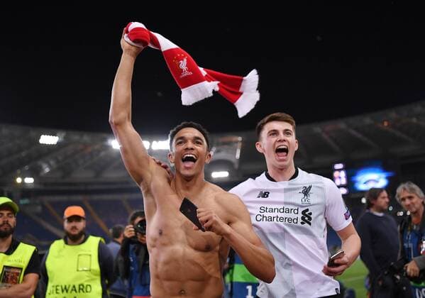 FOOTBALL CHAMPIONS LEAGUE SEASON 2017 2018 SEMI-FINAL RUECKSPIEL AS Roma Liverpool FC 02 05 2018 Liverpool FC Liverpool Trent Alexander Arnold and Ben Woodburn are celebrating Rome in front of the Gaestefanblock of the Olympic Stadium in Rome