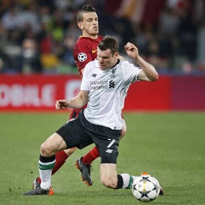 ROME, 02-04-2018 , Stadium Olimpico , season 2017 2018 , Champions League semi final second leg. AS Roma player Alessandro Florenzi (BACK) in duel with Liverpool player James Milner (FRONT) during the game AS Roma - Liverpool 4-2. AS Roma - Liverpool  x2162652x