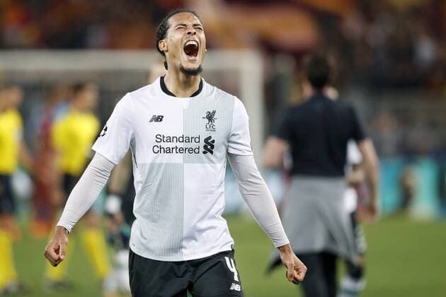 ROME, 02-04-2018 , Stadium Olimpico , season 2017 2018 , Champions League semi final second leg. Liverpool player Virgil van Dijk celebrating the victory after the game during the game AS Roma - Liverpool. AS Roma - Liverpool  x2162708x