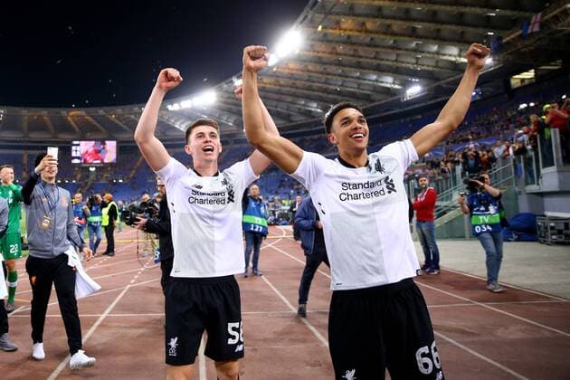 May 2, 2018 - Rome, Italy - AS Roma v FC Liverpool training - Champions League semi-final second leg.Ben Woodburn and Trent Alexander-Arnold of Liverpool greeting the supporters at Olimpico Stadium in Rome, Italy on May 02, 2018. A.S. Roma v Liverpool - UEFA Champions League Semi Final Second Leg  - ZUMAn230 20180502_zaa_n230_1060 Copyright: xMatteoxCiambellix