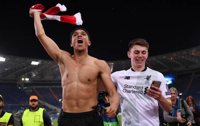 FOOTBALL CHAMPIONS LEAGUE SEASON 2017 2018 SEMI-FINAL RUECKSPIEL AS Roma Liverpool FC 02 05 2018 Liverpool FC Liverpool Trent Alexander Arnold and Ben Woodburn are celebrating Rome in front of the Gaestefanblock of the Olympic Stadium in Rome