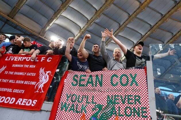 May 2, 2018 - Rome, Lazio, Italy - AS Roma v FC Liverpool - Champions League semi-final second leg.Liverpool supporters with a banner in honor of the irish fan Sean Cox at Olimpico Stadium in Rome, Italy on May 02, 2018. A.S. Roma v Liverpool - UEFA Champions League Semi Final Second Leg  - ZUMAn230 20180502_zaa_n230_1248 Copyright: xMatteoxCiambellix