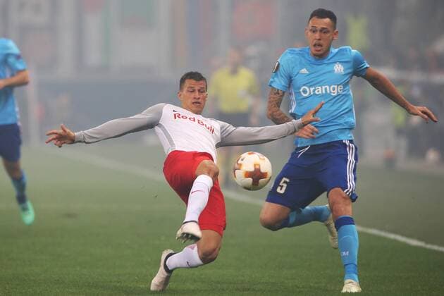 SOCCER - EL, RBS vs Marseille SALZBURG,AUSTRIA,03.MAY.18 - SOCCER - UEFA Europa League, semifinal, Red Bull Salzburg vs Olympique Marseille. Image shows Stefan Lainer (RBS) and Lucas Ocampos (Marseille). GEPAxpictures xMathiasxMandl