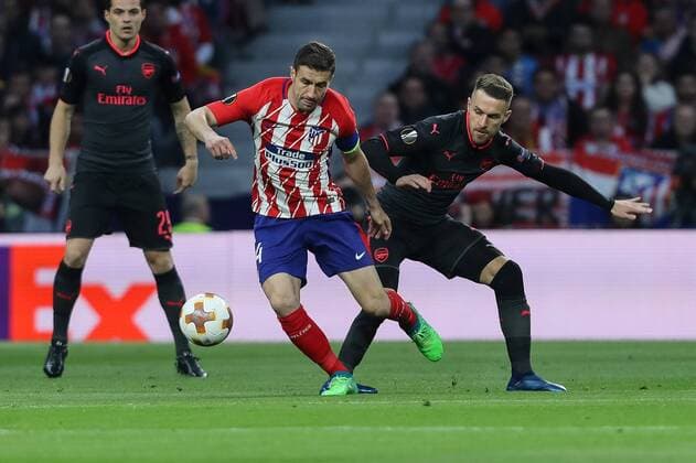 Spain Madrid 03 05 2018 UEFA Europa League 2017 2018 Season Semi finals Second leg semi-finals Atletico Madrid Arsenal FC Gabi ATL and Laurent Koscielny AFC in a duel DeFodi048