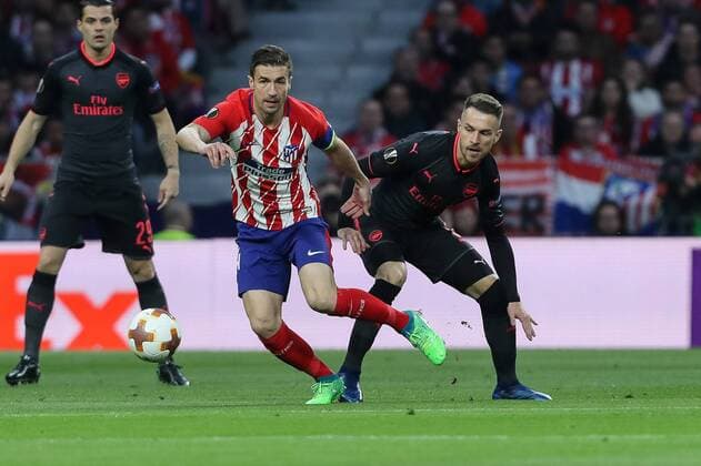Spain Madrid 03 05 2018 UEFA Europa League 2017 2018 Season Semi finals Second leg semi-finals Atletico Madrid Arsenal FC Gabi ATL and Laurent Koscielny AFC in a duel DeFodi048