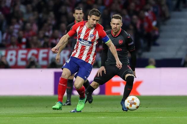 Spain Madrid 03 05 2018 UEFA Europa League 2017 2018 Season Semi finals Second leg semi-finals Atletico Madrid Arsenal FC Gabi ATL and Laurent Koscielny AFC in a duel DeFodi048