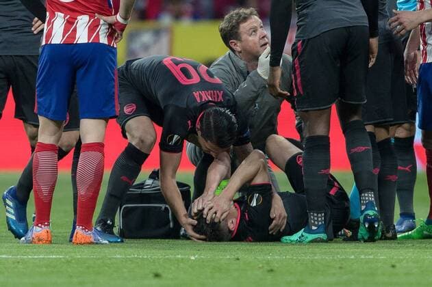 Spain Madrid 03 05 2018 UEFA Europa League 2017 2018 Season Semi finals Second leg Semi finals Atletico Madrid Arsenal FC Laurent Koscielny AFC injured DeFodi048 on the ground