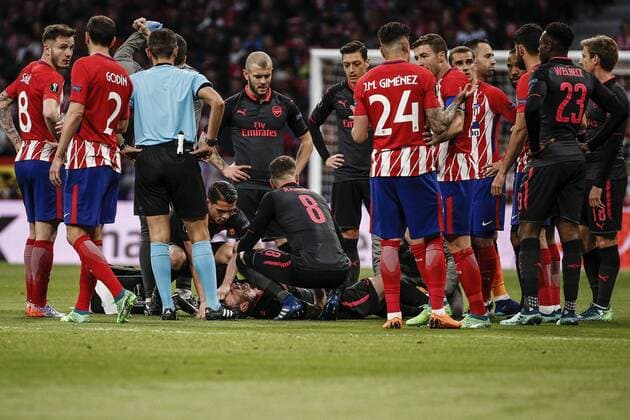 3rd May 2018, Wanda Metropolitano, Madrid, Spain; UEFA Europa League football, semi final, 2nd leg, Atletico Madrid versus Arsenal; Laurent Koscielny (Arsenal) is injured and substituted  ActionPlus12019169