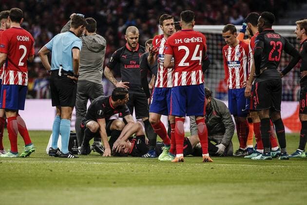 3rd May 2018, Wanda Metropolitano, Madrid, Spain; UEFA Europa League football, semi final, 2nd leg, Atletico Madrid versus Arsenal; Laurent Koscielny (Arsenal) is injured and substituted  ActionPlus12019170