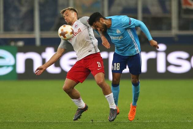 SOCCER - EL, RBS vs Marseille SALZBURG,AUSTRIA,03.MAY.18 - SOCCER - UEFA Europa League, semifinal, Red Bull Salzburg vs Olympique Marseille. Image shows Fredrik Gulbrandsen (RBS) and Jordan Amavi (Marseille). GEPAxpictures xMathiasxMandl