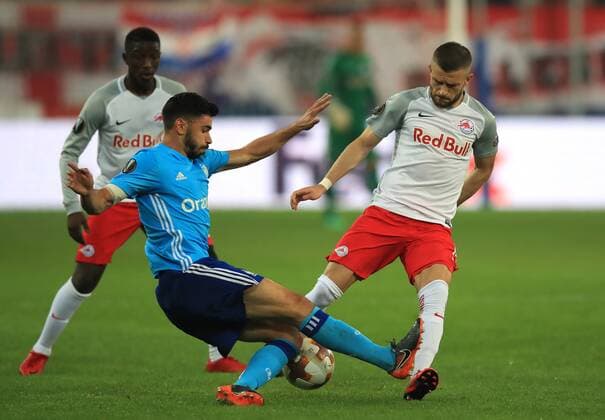 Bilder des Tages - SPORT SOCCER - EL, RBS vs Marseille SALZBURG,AUSTRIA,03.MAY.18 - SOCCER - UEFA Europa League, semifinal, Red Bull Salzburg vs Olympique Marseille. Image shows Morgan Sanson (Marseille) and Valon Berisha (RBS). GEPAxpictures xMarioxBuehner