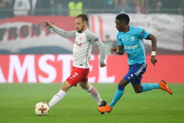 SOCCER - EL, RBS vs Marseille SALZBURG,AUSTRIA,03.MAY.18 - SOCCER - UEFA Europa League, semifinal, Red Bull Salzburg vs Olympique Marseille. Image shows Andreas Ulmer (RBS) and Bouna Sarr (Marseille). GEPAxpictures xChristianxWalgram