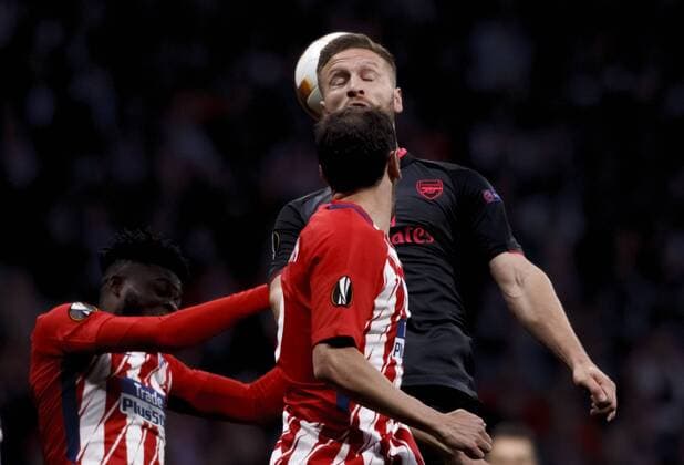 Shkodran Mustafi of Arsenal and Diego Godin of Atletico de Madrid during the UEFA Europe League 2017 18 Semi final second leg match between Atletico de Madrid and Arsenal at Wanda Metropolitano Stadium in Madrid on May 3, 2018. (Photo by Guille Martinez Cordon Press)  xGuillexMartinezx xEuropaxLeaguex2017 18:xAtleticoxdexMadridxvsxArsenalx