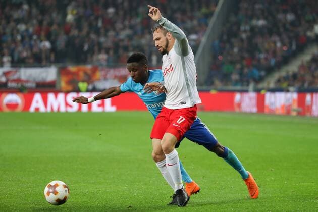 SOCCER - EL, RBS vs Marseille SALZBURG,AUSTRIA,03.MAY.18 - SOCCER - UEFA Europa League, semifinal, Red Bull Salzburg vs Olympique Marseille. Image shows Andreas Ulmer (RBS) and Bouna Sarr (Marseille). GEPAxpictures xChristianxWalgram