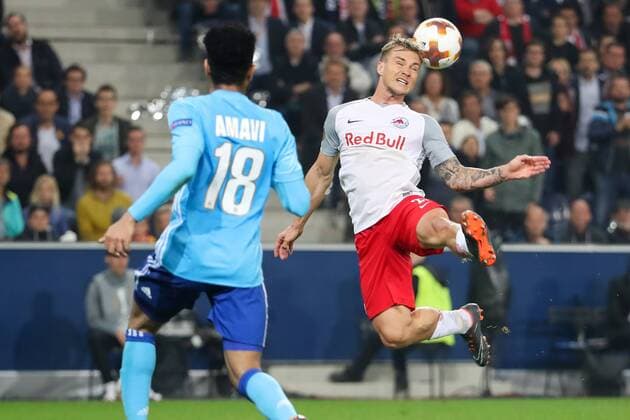 SOCCER - EL, RBS vs Marseille SALZBURG,AUSTRIA,03.MAY.18 - SOCCER - UEFA Europa League, semifinal, Red Bull Salzburg vs Olympique Marseille. Image shows Jordan Amavi (Marseille) and Fredrik Gulbrandsen (RBS). GEPAxpictures xChristianxWalgram