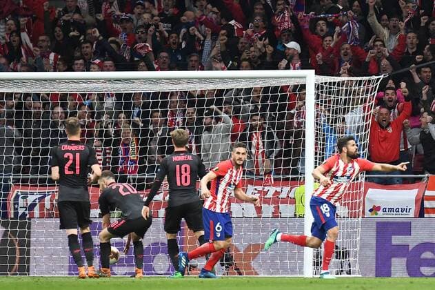 Atletico Madrid v Arsenal UEFA Europa League Semi-Final Diego Costa of Atletico Madrid (right) celebrates scoring their first goal to make it Atletico Madrid 1 Arsenal 0 during the UEFA Europa League Semi-Final match at the Wanda Metropolitano Stadium, Madrid Content Not Available For UK Newspapers Copyright: xKristianxKanex FIL-11741-0012