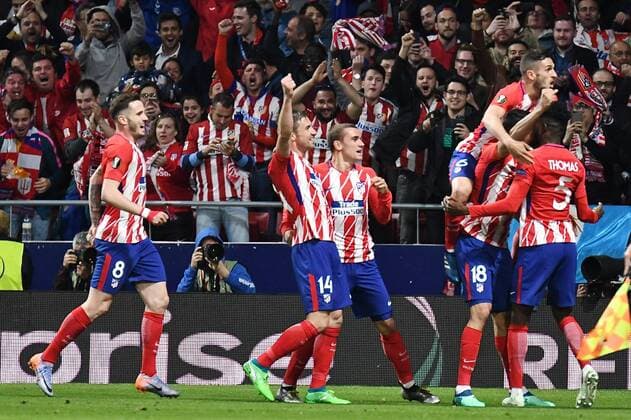 Atletico Madrid v Arsenal UEFA Europa League Semi-Final Diego Costa of Atletico Madrid (2nd right) celebrates scoring their first goal to make it Atletico Madrid 1 Arsenal 0 during the UEFA Europa League Semi-Final match at the Wanda Metropolitano Stadium, Madrid Content Not Available For UK Newspapers Copyright: xKristianxKanex FIL-11741-0014