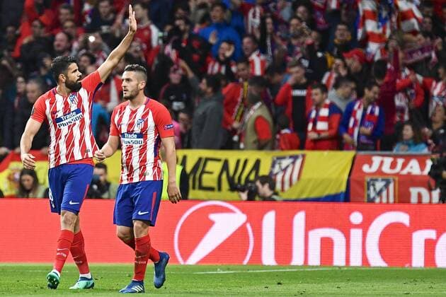Atletico Madrid v Arsenal UEFA Europa League Semi-Final Diego Costa of Atletico Madrid (left) celebrates scoring their first goal to make it Atletico Madrid 1 Arsenal 0 during the UEFA Europa League Semi-Final match at the Wanda Metropolitano Stadium, Madrid Content Not Available For UK Newspapers Copyright: xKristianxKanex FIL-11741-0016