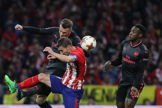 Spain Madrid 03 05 2018 UEFA Europa League 2017 2018 Season Semi finals Second leg semi-finals Atletico Madrid Arsenal FC Gabi ATL and Aaron Ramsey AFC in a duel DeFodi048