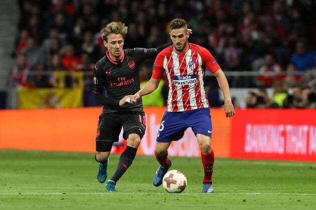 Spain Madrid 03 05 2018 UEFA Europa League 2017 2018 Season Semi finals Second leg semi-finals Atletico Madrid Arsenal FC Nacho Monreal AFC and Koke ATL in a duel DeFodi048