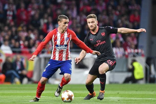 Atletico Madrid v Arsenal UEFA Europa League Semi-Final Antoine Griezmann of Atletico Madrid (left) and Shkodran Mustafi of Arsenal during the UEFA Europa League Semi-Final match at the Wanda Metropolitano Stadium, Madrid Content Not Available For UK Newspapers Copyright: xKristianxKanex FIL-11741-0026