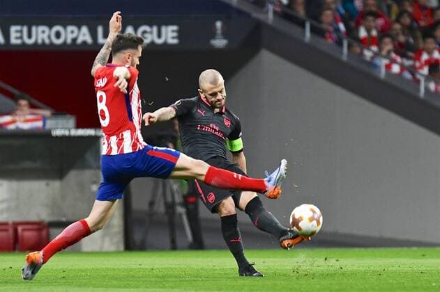 Atletico Madrid v Arsenal UEFA Europa League Semi-Final Jack Wilshere of Arsenal (right) and Saul Niguez of Atletico Madrid (left) during the UEFA Europa League Semi-Final match at the Wanda Metropolitano Stadium, Madrid Content Not Available For UK Newspapers Copyright: xKristianxKanex FIL-11741-0030