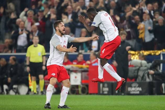 SOCCER - EL, RBS vs Marseille SALZBURG,AUSTRIA,03.MAY.18 - SOCCER - UEFA Europa League, semifinal, Red Bull Salzburg vs Olympique Marseille. Image shows the rejoicing of Andreas Ulmer and Amadou Haidara (RBS). GEPAxpictures xChristianxWalgram