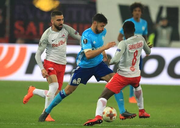 SOCCER - EL, RBS vs Marseille SALZBURG,AUSTRIA,03.MAY.18 - SOCCER - UEFA Europa League, semifinal, Red Bull Salzburg vs Olympique Marseille. Image shows Munas Dabbur (RBS), Morgan Sanson (Marseille) and Diadie Samassekou (RBS). GEPAxpictures xMarioxBuehner