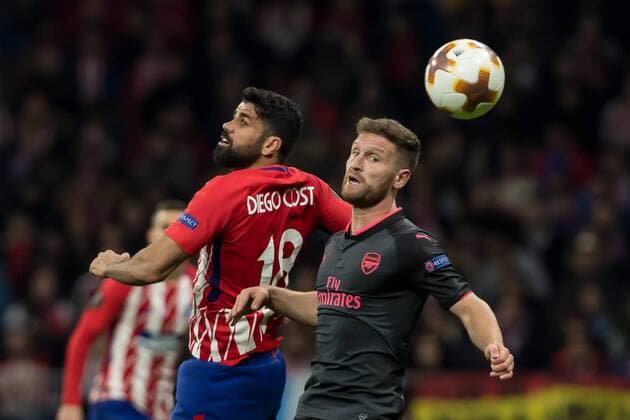 Spain Madrid 03 05 2018 UEFA Europa League 2017 2018 Season Semi finals Second leg Semi finals Atletico Madrid Arsenal FC Diego Costa ATL and Shkodran Mustafi AFC in a duel DeFodi048