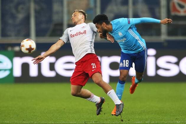 SOCCER - EL, RBS vs Marseille SALZBURG,AUSTRIA,03.MAY.18 - SOCCER - UEFA Europa League, semifinal, Red Bull Salzburg vs Olympique Marseille. Image shows Fredrik Gulbrandsen (RBS) and Jordan Amavi (Marseille). GEPAxpictures xMathiasxMandl