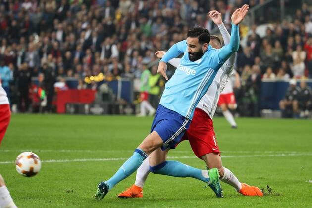 SOCCER - EL, RBS vs Marseille SALZBURG,AUSTRIA,03.MAY.18 - SOCCER - UEFA Europa League, semifinal, Red Bull Salzburg vs Olympique Marseille. Image shows Adil Rami (Marseille) and Munas Dabbur (RBS). GEPAxpictures xChristianxWalgram