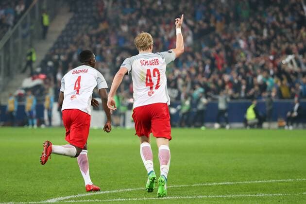 SOCCER - EL, RBS vs Marseille SALZBURG,AUSTRIA,03.MAY.18 - SOCCER - UEFA Europa League, semifinal, Red Bull Salzburg vs Olympique Marseille. Image shows the rejoicing of Amadou Haidara and Xaver Schlager (RBS). GEPAxpictures xChristianxWalgram