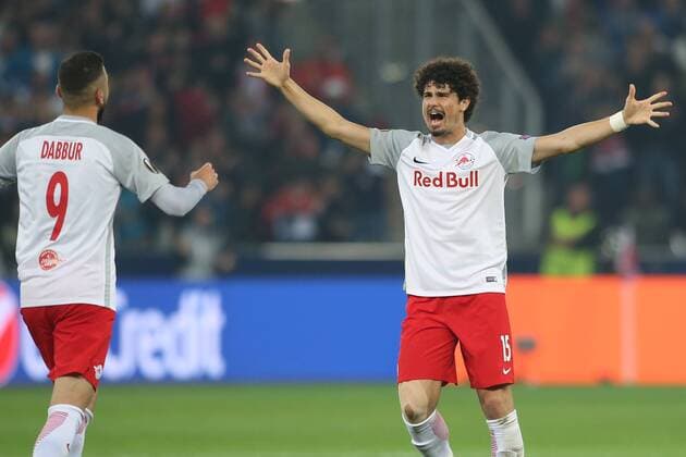 SOCCER - EL, RBS vs Marseille SALZBURG,AUSTRIA,03.MAY.18 - SOCCER - UEFA Europa League, semifinal, Red Bull Salzburg vs Olympique Marseille. Image shows the rejoicing of Andre Ramalho and Munas Dabbur (RBS). GEPAxpictures xMathiasxMandl